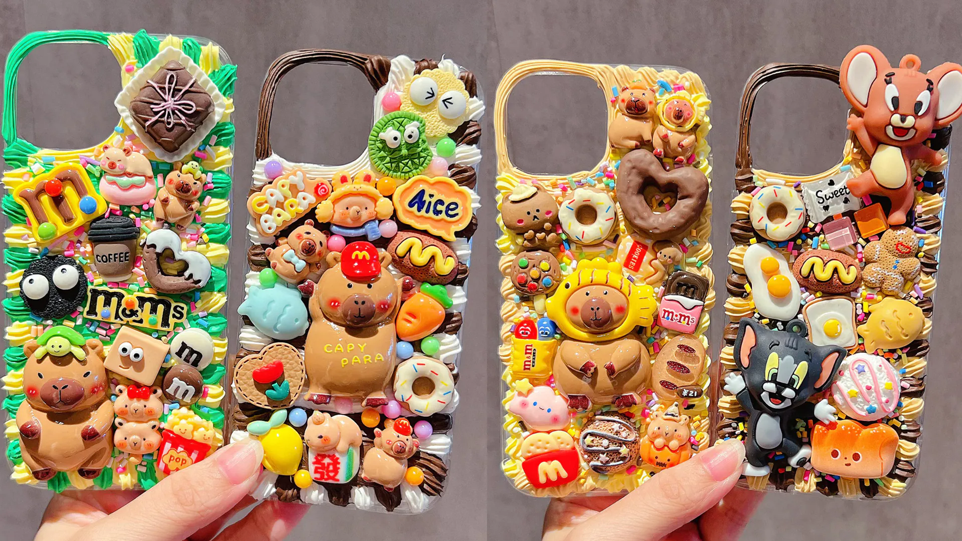 Decoden phone cases with capybara, Tom & Jerry, snack motifs at Craftify DIY Studio, a Craft Store in Bloomington