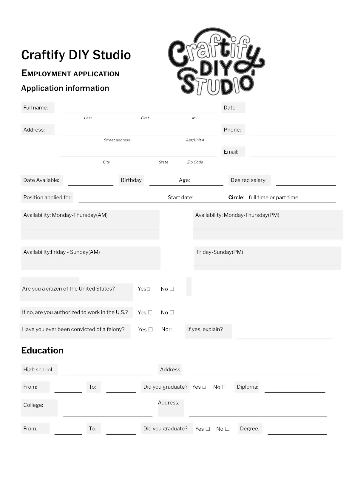 Blank employment form for hiring at Craftify DIY Studio, a Craft Store in Bloomington