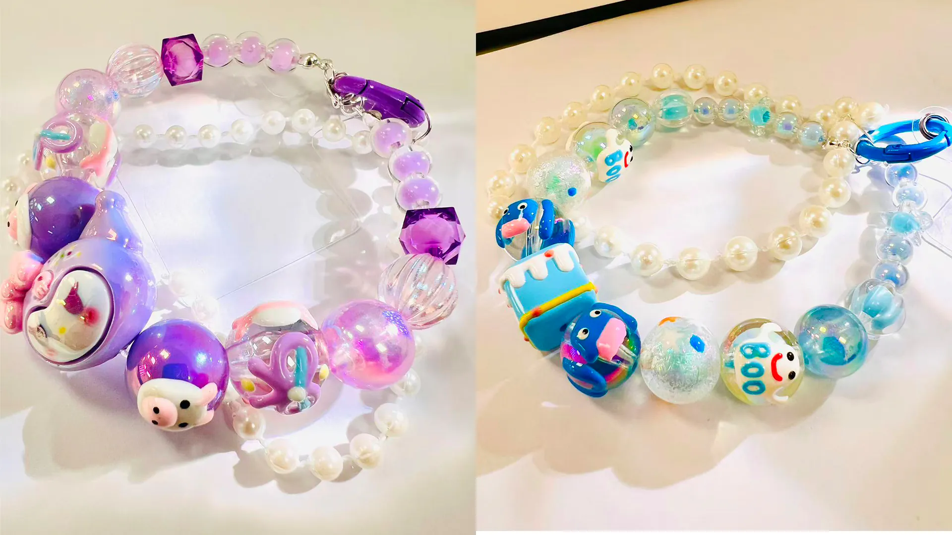 Lavender beaded bracelet with cute cartoon charms. Bloomington